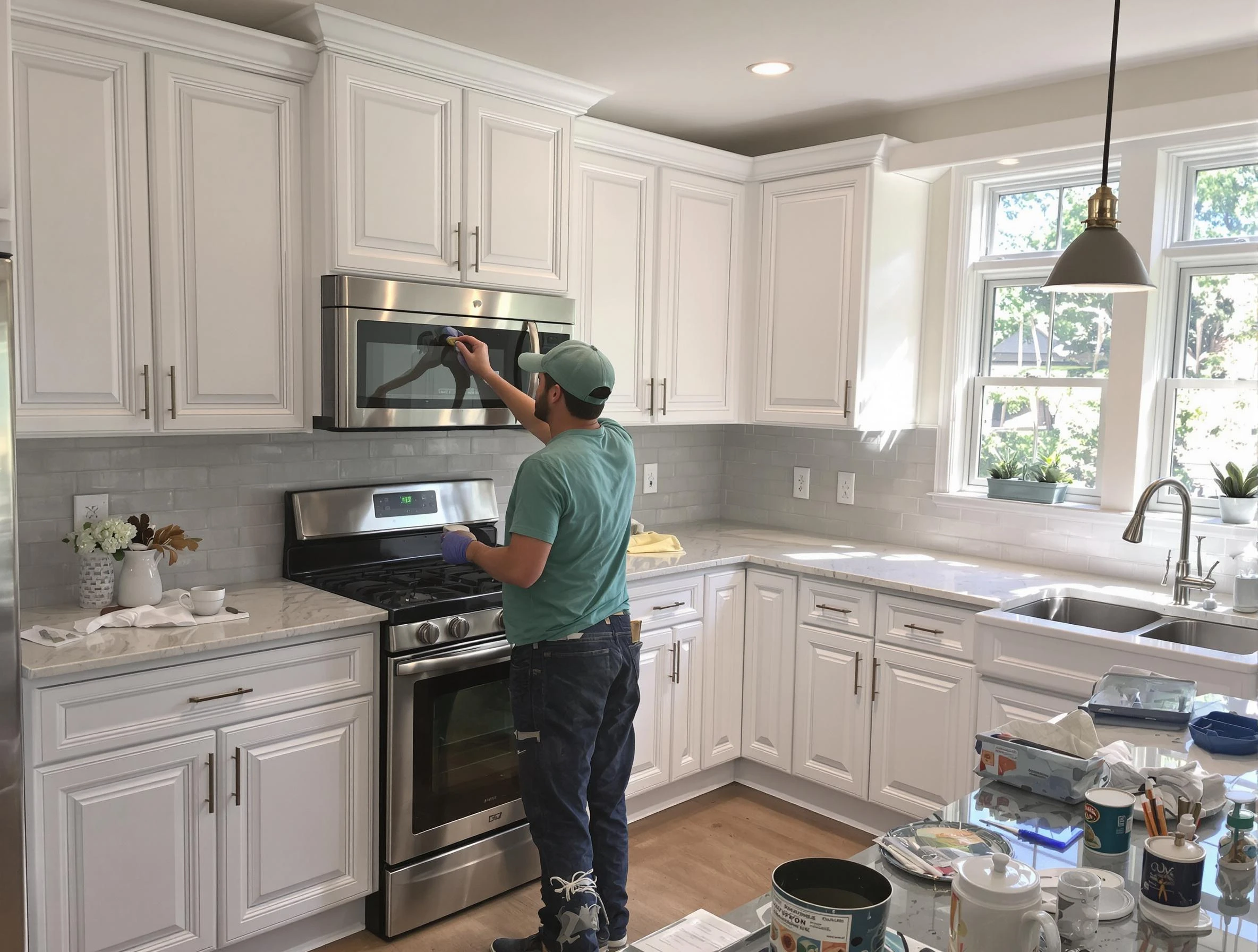 Kitchen cabinets being refinished by Barberton House Painters in Barberton, OH